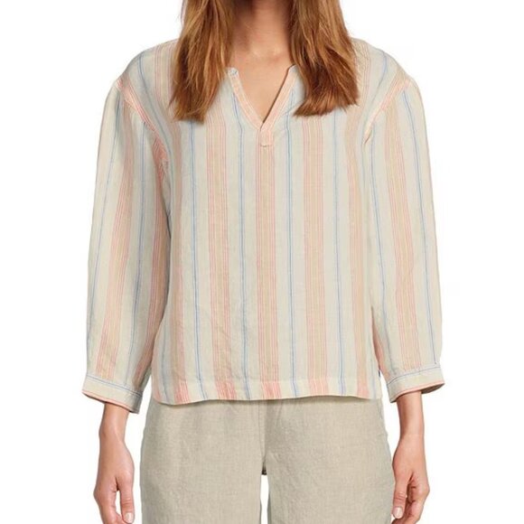 L.L. Bean Women's Medium M Premium Washable Linen Splitneck Stripe Shirt Top‎ - Picture 1 of 5